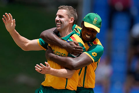 Anrich Nortje celebrates after taking Corey Anderson's wicket